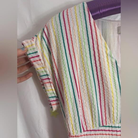 Pastel Striped Short Sleeve Textured Button Down+Tie Modest Femme Dress Size M - Picture 5 of 12